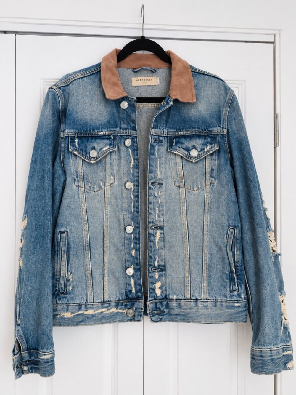 AllSaints Iren Men's Denim Trucker Jacket M Distressed Blue Suede Collar
